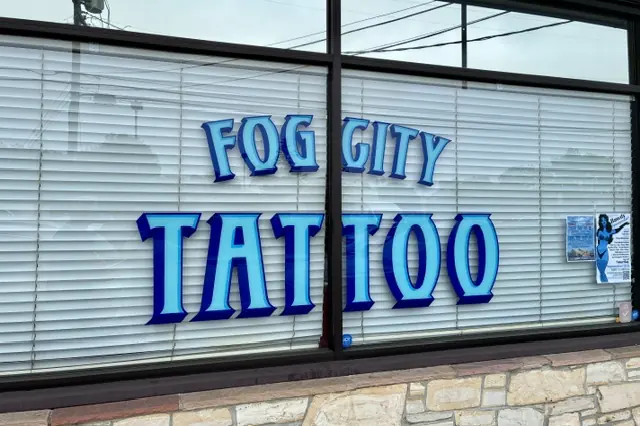 Fog City Tattoo window lettering at Seabright Plaza
