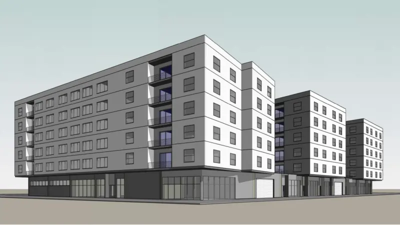 Architectural rendering of proposed 6-story residential building replacing Seabright Plaza