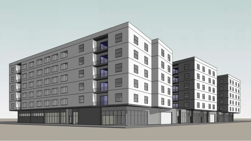 Architectural rendering of proposed 6-story residential building replacing Seabright Plaza